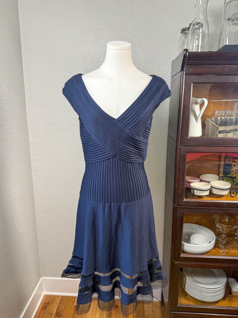 Cache Navy Blue Pleated Knit Fit & Flare Dress Mesh Hem Size S